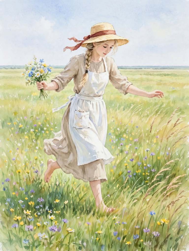 Watercolor of a barefoot girl in a straw hat running through a meadow of wildflowers, a posy in her hand