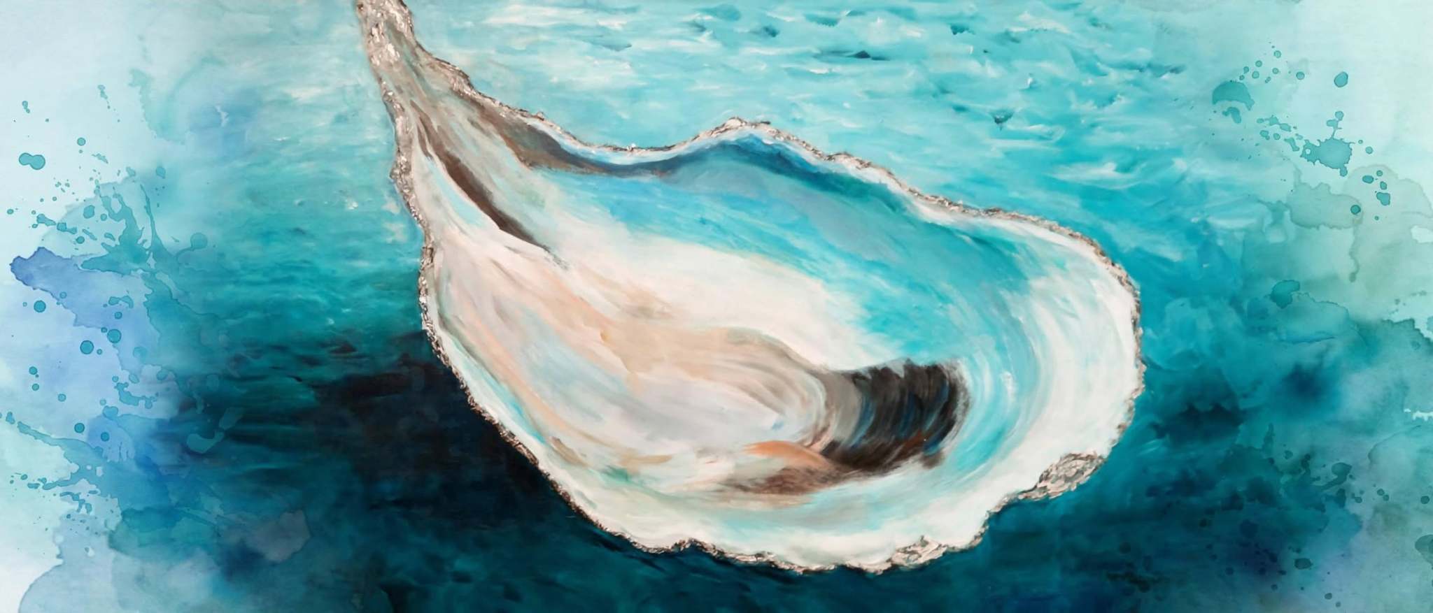 Painting of an oyster shell in blue and turquoise by Dorothy Howard