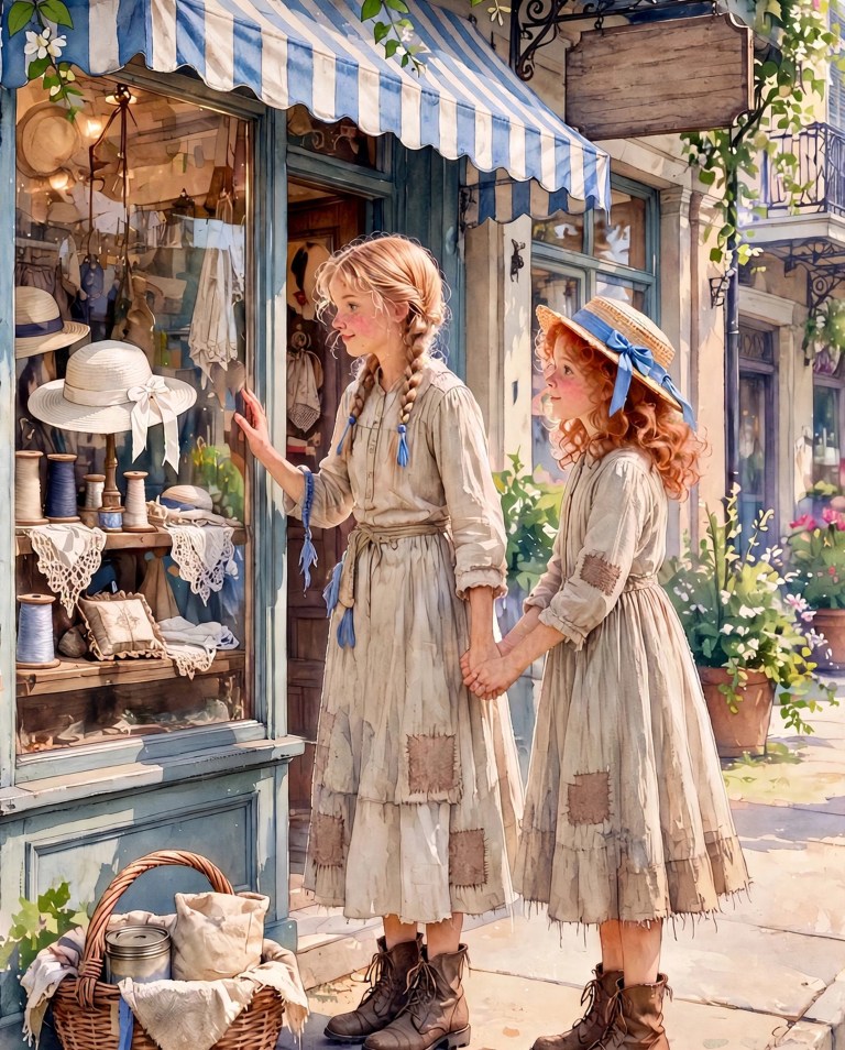 Painting of two girls in worn dresses stopping at a millinery shop window, hats and ribbons on display inside