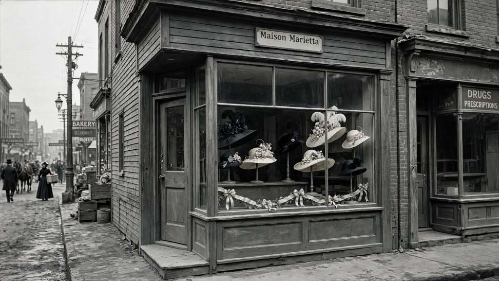 Maison Marietta, a milliner's shop on a Chicago street corner around 1900, with trimmed hats in the window
