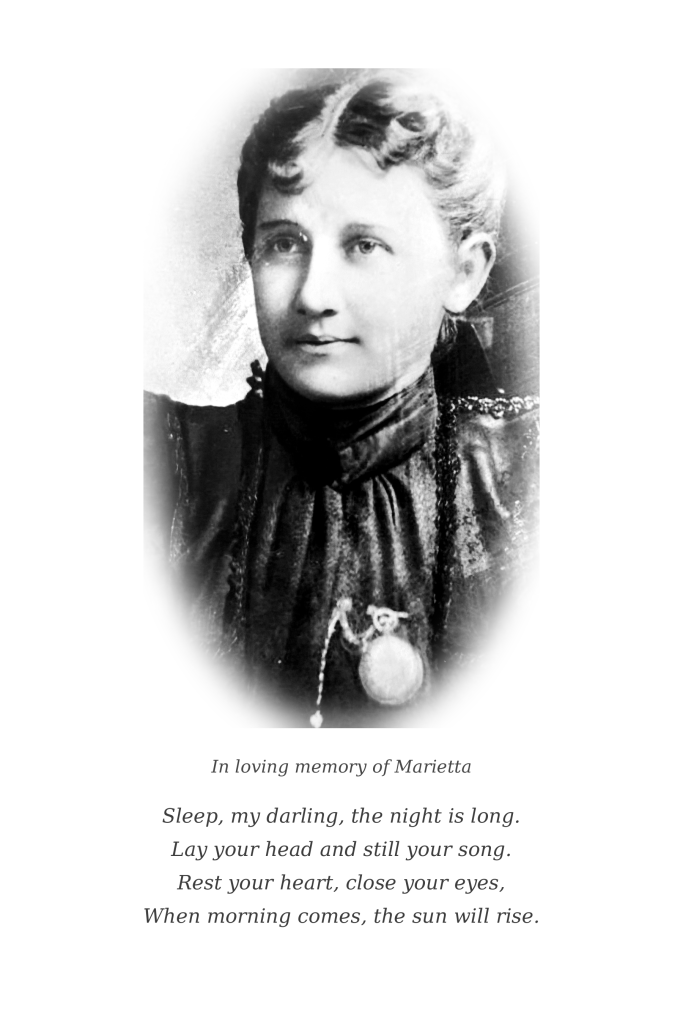 Photograph of Marietta, the real woman behind The Invisible Stitch, in a high-collared dark dress with a pocket watch at her breast, above a memorial verse ending: when morning comes, the sun will rise