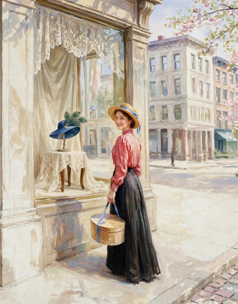 Painting of a young milliner in a straw boater carrying a hatbox, turning to look back at a shop window where a blue plumed hat is displayed