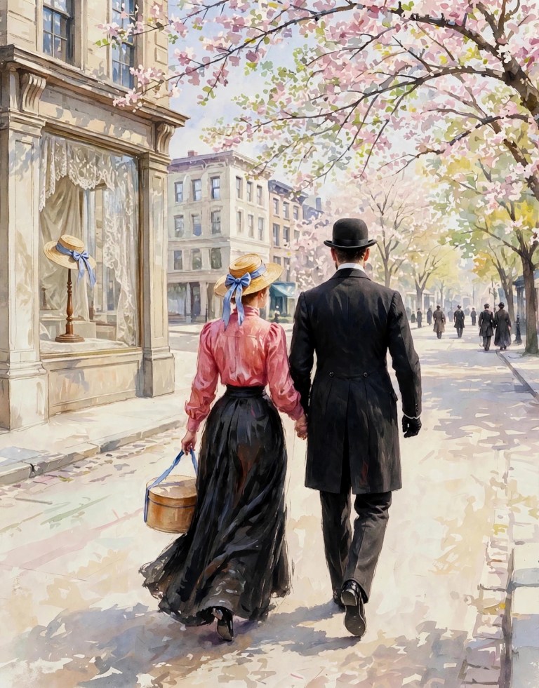 Painting of a young woman carrying a hatbox walking away down a blossom-lined city street beside a man in a bowler hat