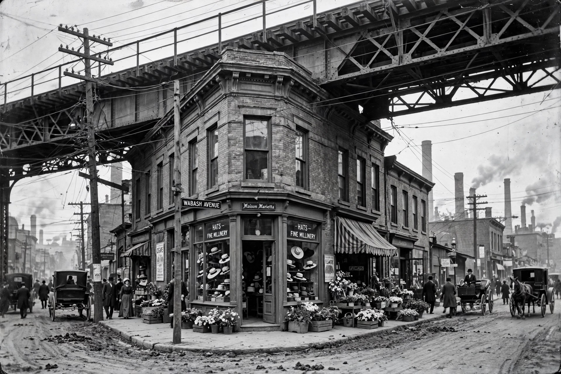 A city street corner around 1900, an elevated railway crossing overhead, horse carts in the road and a corner shop with flowers set out on the pavement